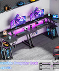 40 Inch L Shaped Gaming Desk With Power Outlet And LED Lights Carbon Fiber Textured Corner Computer Desk With 3 Tier Storage Shelves And Monitor Stand For Small Spaces in a home setup with dual monitors, RGB LED lighting, and gaming accessories.