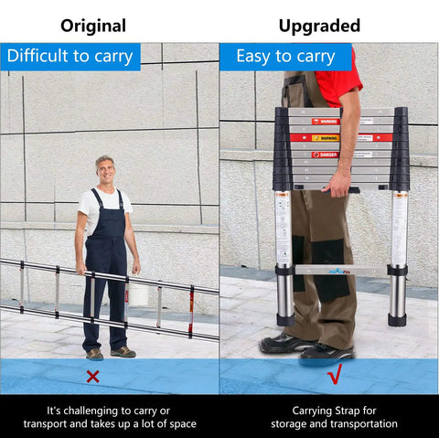 Comparison of man carrying traditional ladder vs 10.5 Foot Telescoping Ladder With Stainless Steel Build, One Button Retraction