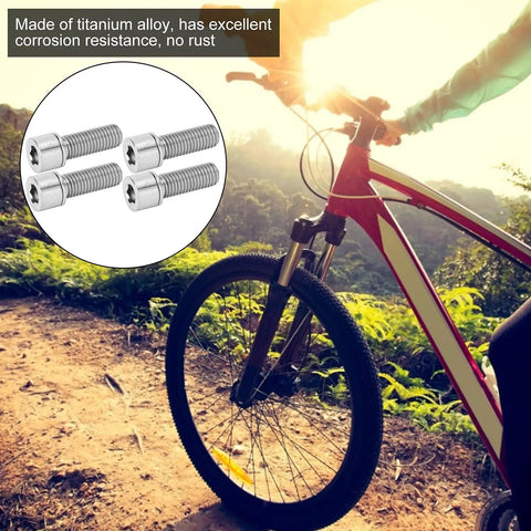 4 Pack M7x20mm Stem Bolts For Bike Handlebar, Alloy Stem Screws shown alongside red and white bike on a trail.