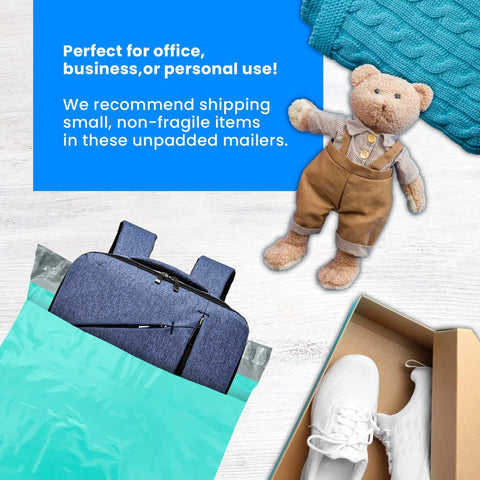 Teal Poly Mailers 19x24 Inch 110 Pack with bag, teddy bear, and shoes; ideal for small businesses and secure packing
