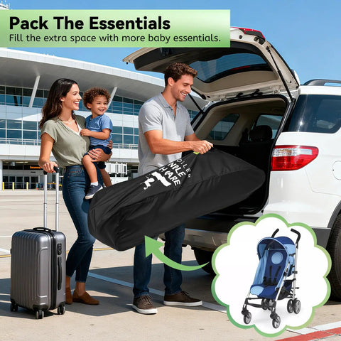 Family with Umbrella Stroller Travel Bag Shield For Airplane Travel loaded into car, ideal for travel convenience.