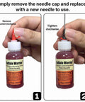 Two-step guide to replacing needle on All Weather Gun Grease And Lubricant Pro Grade High Viscosity Synthetic Formula 1 oz bottle.