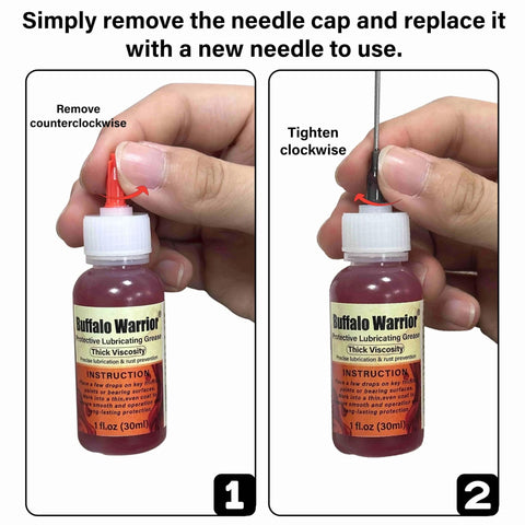 Two-step guide to replacing needle on All Weather Gun Grease And Lubricant Pro Grade High Viscosity Synthetic Formula 1 oz bottle.