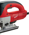 Top Notch 6.2 Amp Orbital Jig Saw Boasting Tool Free Blade Swap And Seven Setting Speed Dial For Sharp Clean Cuts On Any Drywall Or Lumber Gig You Roll With Today, red and grey design.