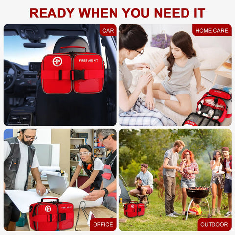 Crmea red first aid kit with buckle straps; car-mounted, home, office, and outdoor use.