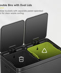 Dual Compartment Trash And Recycling Bin In Black Stainless Steel, 60L Capacity, 30L Each, Independent Lids And Pedals