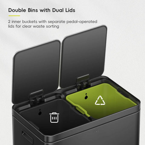 Dual Compartment Trash And Recycling Bin In Black Stainless Steel, 60L Capacity, 30L Each, Independent Lids And Pedals
