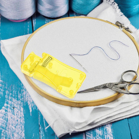 Automatic Needle Threader Tool Set With 12 Pieces Dope Durable PP Material Precise Threading For Fine Needles Versatile Thread Compatibility Lightweight Home Sewing Aid For Seniors And DIY Projects yellow plastic needle threader on embroidery hoop