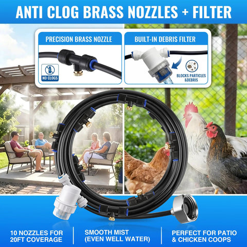 Image of Outdoor Misting And Cooling System For Patio And Chicken Coop 20 Ft With 10 Brass Nozzles Filter And Three Quarter Inch Adapter.