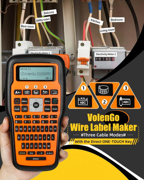 Handheld Labeling Machine With Tape For Industrial Office Use Pro Grade Waterproof Laminated 12Mm Cable Labeler For Wires And Cables E1000 Labeler With Three Cable Modes And One Touch Keys Heat Shrink Ready held in hand, displaying screen and buttons in front of labeled wires and cables.