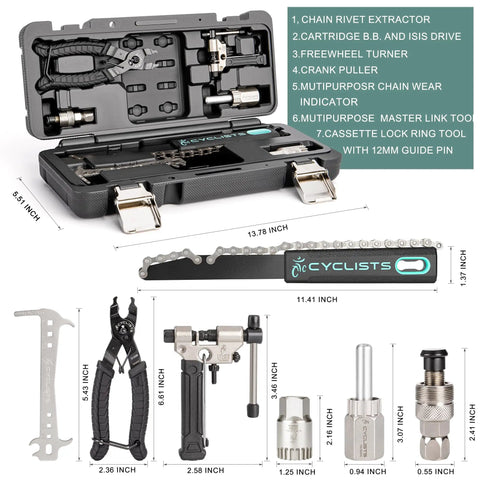 7 Piece Bike Tool Kit With Storage Case For Mountain And Road Bikes, including wrenches and chain tools shown in open case