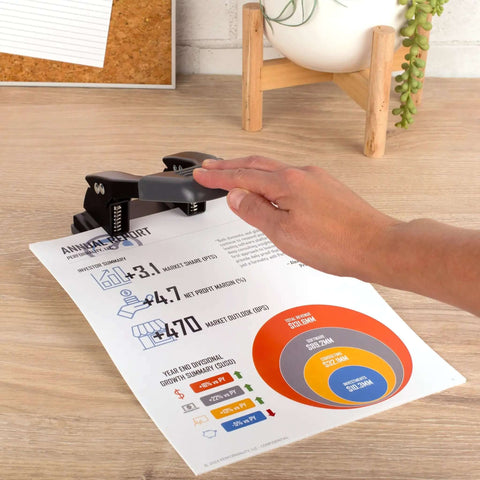 Using 2 Hole Punch For Papers With 28 Sheet Capacity, Durable Metal Construction, Comfortable Padded Handle on an office report