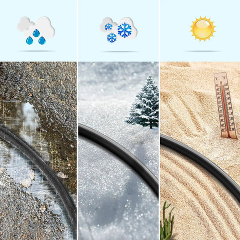 Black 4 Outlet Extension Cord Splitter For Indoor Outdoor Use, 46 Ft Total Length, 16/3 Gauge, withstands rain, snow, and sun conditions.