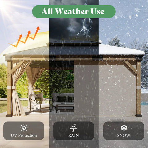12x14 Heavy Duty Hardtop Gazebo With Double Metal Roof Wood Outdoor Pavilion With Privacy Curtains And Mosquito Netting Perfect For Backyard Garden Or Patio Weatherproof All Season Shelter Brown