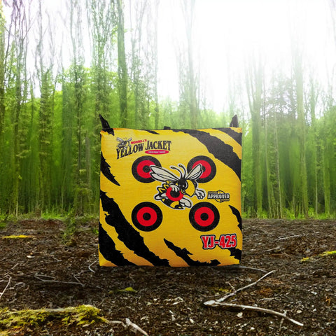 Yellow Jacket Archery Target Bag Portable With Dual Sides And Ten Bullseyes in a wooded area