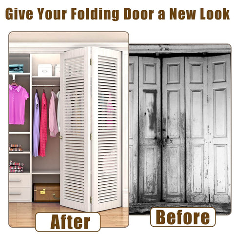 Before and after using 2 Pack Bifold Door Hardware Repair Kit for folding doors in closet with clothing and accessories