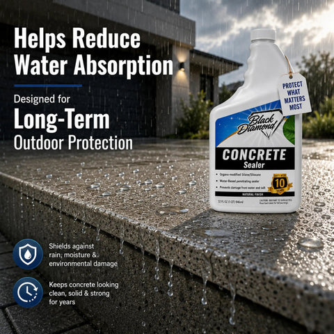 Bomb Proof Clear Concrete Sealer Water Based Waterproofing Spray Slap It On Driveways Or Patios For Crack Free Dry Ground And Stain Proof Grout Low Odor Real Tough Coverage 4 Gallon, wet concrete surface with sealer bottle.