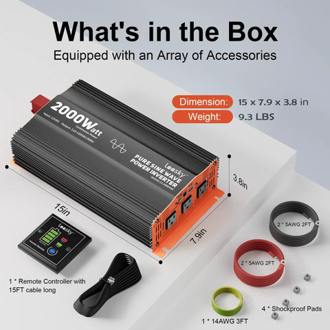 2000 Watt Pure Sine Wave Inverter 12V To 120V With Built In UL Listed Fuse, 3 AC Outlets And USB, heavy duty cables