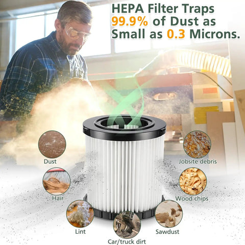 Heavy Duty HEPA Vacuum Filter For DCV581H And DCV580H 20V Max Shop Vac 2 Gallon trapping dust, debris, wood chips, and sawdust.