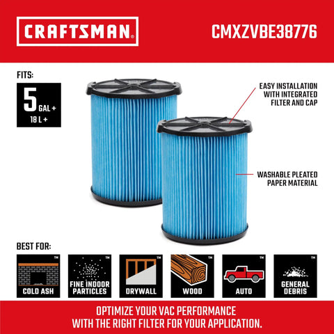 2 Pack Fine Dust Replacement Filter for 5 to 20 Gallon Wet Dry Shop Vacuums, Three Layer Pleated Cartridge Traps Fine Dust, Sawdust.
