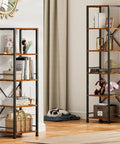 Dope Industrial Style 6 Tier Tall Bookshelf For Tight Spaces in rustic brown finish, metal and wood, in living room setting