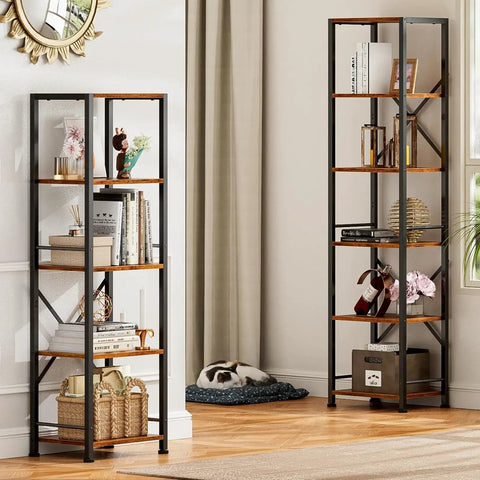 Dope Industrial Style 6 Tier Tall Bookshelf For Tight Spaces in rustic brown finish, metal and wood, in living room setting
