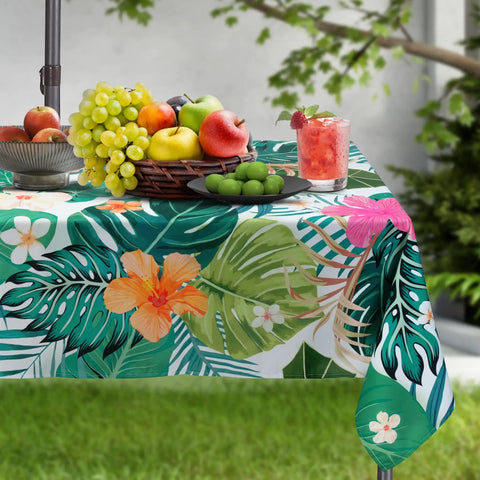 Rectangle Outdoor Tablecloth With Umbrella Hole And Palm Leaf Pattern 60 By 84 Inch Waterproof Polyester Patio Table Cover with fruits