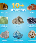 Earth Science Kit With Over 100 Experiments For Curious Kids Crystal Growing Volcano Science Rock Collection And Stem Projects Toy For Boys And Girls For Home And School Use showing 10+ rock specimens including tiger's eye and agate.