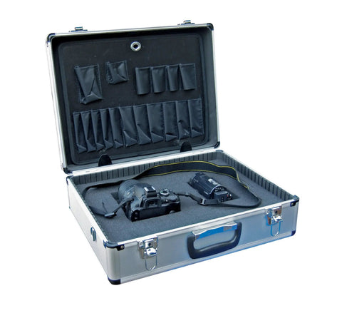 Rugged Aluminum Tool Case With Foam Insert And Perforated Storage Panels Lightweight 6 Lb Carrier shown open with camera inside