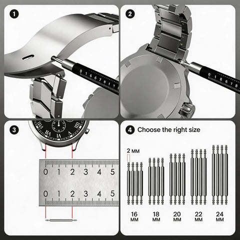 Diagram showing All In One Watch Repair Kit For Battery Replacement With 5 In 1 Precision Screwdriver tools and size guide.