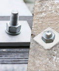 Installed beveled square washer for M8 bolt, 304 stainless steel, 18x18mm outer, 3.8mm thick with 8mm hole, channel steel shim gasket.