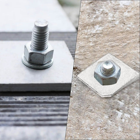 Installed beveled square washer for M8 bolt, 304 stainless steel, 18x18mm outer, 3.8mm thick with 8mm hole, channel steel shim gasket.