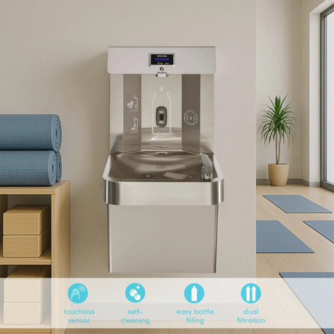Wall Mounted Water Fountain With Bottle Filling Station in gym, dual filtration, sensor dispensing, digital bottle counter display
