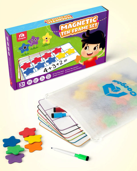 Magnetic Ten Frame Set with Colorful Counters and Dry Erase Markers for Hands On Math Manipulatives Montessori Inspired Learning Gift