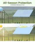 Heavy Duty Walk In Chicken Coop With Peak Roof And Waterproof Cover 13 By 9.8 By 6.4 Feet Poultry Enclosure shown in sunlight and rain