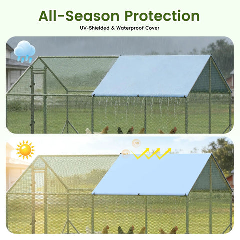 Heavy Duty Walk In Chicken Coop With Peak Roof And Waterproof Cover 13 By 9.8 By 6.4 Feet Poultry Enclosure shown in sunlight and rain