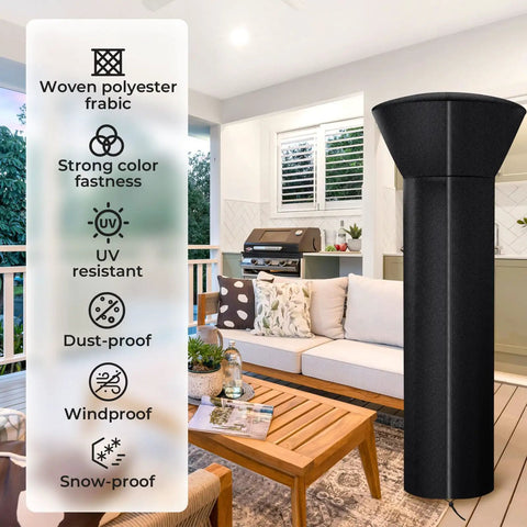 Heavy Duty Round Patio Heater Cover Weatherproof Oxford Fabric UV Resistant Waterproof Dust Proof Snow Proof Wind Proof With Zipper And Storage Bag Fits Most 89H X 33D Dome Round Stand Up Gas Heaters displayed on patio