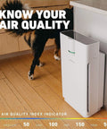 White Hathaspace HSP002 HEPA air purifier on wooden floor beside a cabinet; dog in background.