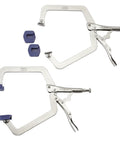 Beefy Locking C Clamp Set With Wide Opening Jaws And Guarded Quick Release Trigger, High Grade Alloy Steel Construction, 2 Piece Clamp Bundle For Securing Tapered Or Odd Shaped Work On Any Project, set shown with pads