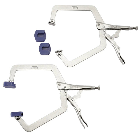 Beefy Locking C Clamp Set With Wide Opening Jaws And Guarded Quick Release Trigger, High Grade Alloy Steel Construction, 2 Piece Clamp Bundle For Securing Tapered Or Odd Shaped Work On Any Project, set shown with pads