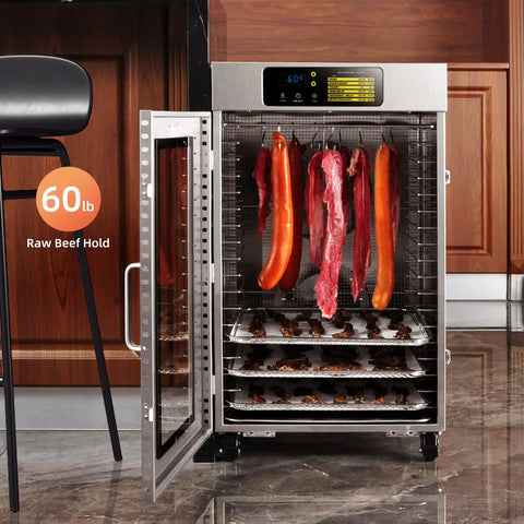 Heavy Duty Commercial Food Dehydrator With Eighteen Stackable Trays, A Hardcore Two Thousand Watt Heater, And All Stainless Steel Build with meat and jerky inside