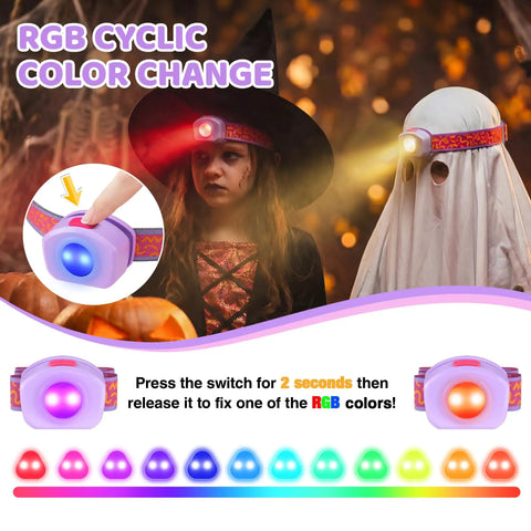 Two children wearing Rechargeable Kids LED Headlamp With Lit RGB Color Cycle Adjustable Headband Three Light Modes