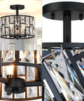 Farmhouse Crystal Round Semi Flush Mount Light With Drum Shade Black Finish 3 Light Ceiling Lamp for Kitchen Island Dining Room