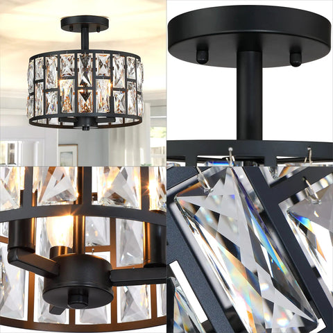 Farmhouse Crystal Round Semi Flush Mount Light With Drum Shade Black Finish 3 Light Ceiling Lamp for Kitchen Island Dining Room