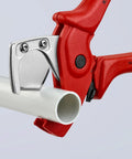 Pipe Cutter For Flexible Pipes And Hoses Up To 1 Inch Exterior Diameter With Spring Loaded Opening And Locking Lever in action