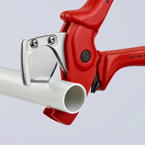 Pipe Cutter For Flexible Pipes And Hoses Up To 1 Inch Exterior Diameter With Spring Loaded Opening And Locking Lever in action