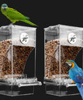 Two Pack Automatic No Mess Bird Cage Feeder Set With Clear Acrylic Food Tray And Blue Water Dispenser For Parrots with birds.