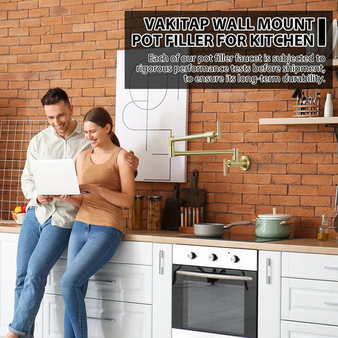 Gold Pot Filler Wall Mount Faucet With Double Joint Swing Arm Two Handle Kitchen Faucet in a modern kitchen setting.