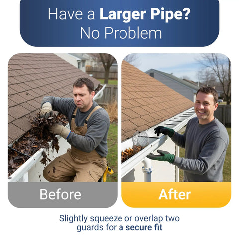 Before and after installation of 6 Pack Leaf Guard Gutter Filter Mesh Screen For Downspouts And Gutters, Easy Install Drain Cover To Cut Clogs.
