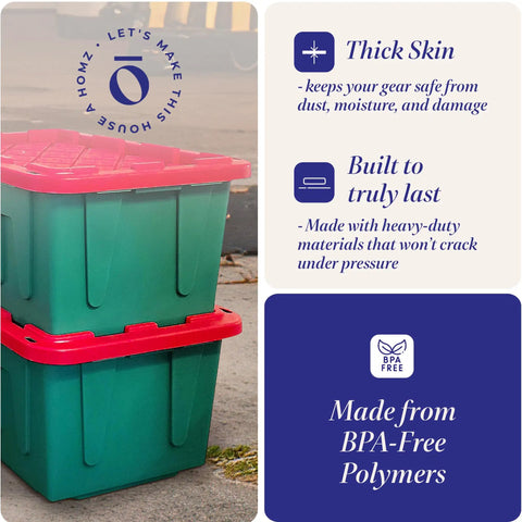 Stackable Plastic Storage Bins With Secure Lids, 27 Gallon Heavy Duty Snap Lock Totes, Sturdy Containers For Holiday Cheer And Seasonal Hoards, Red And Green Set Includes Four Totes, Built To Handle Any Task Like A Champ And Keep Your Space Looking Crisp